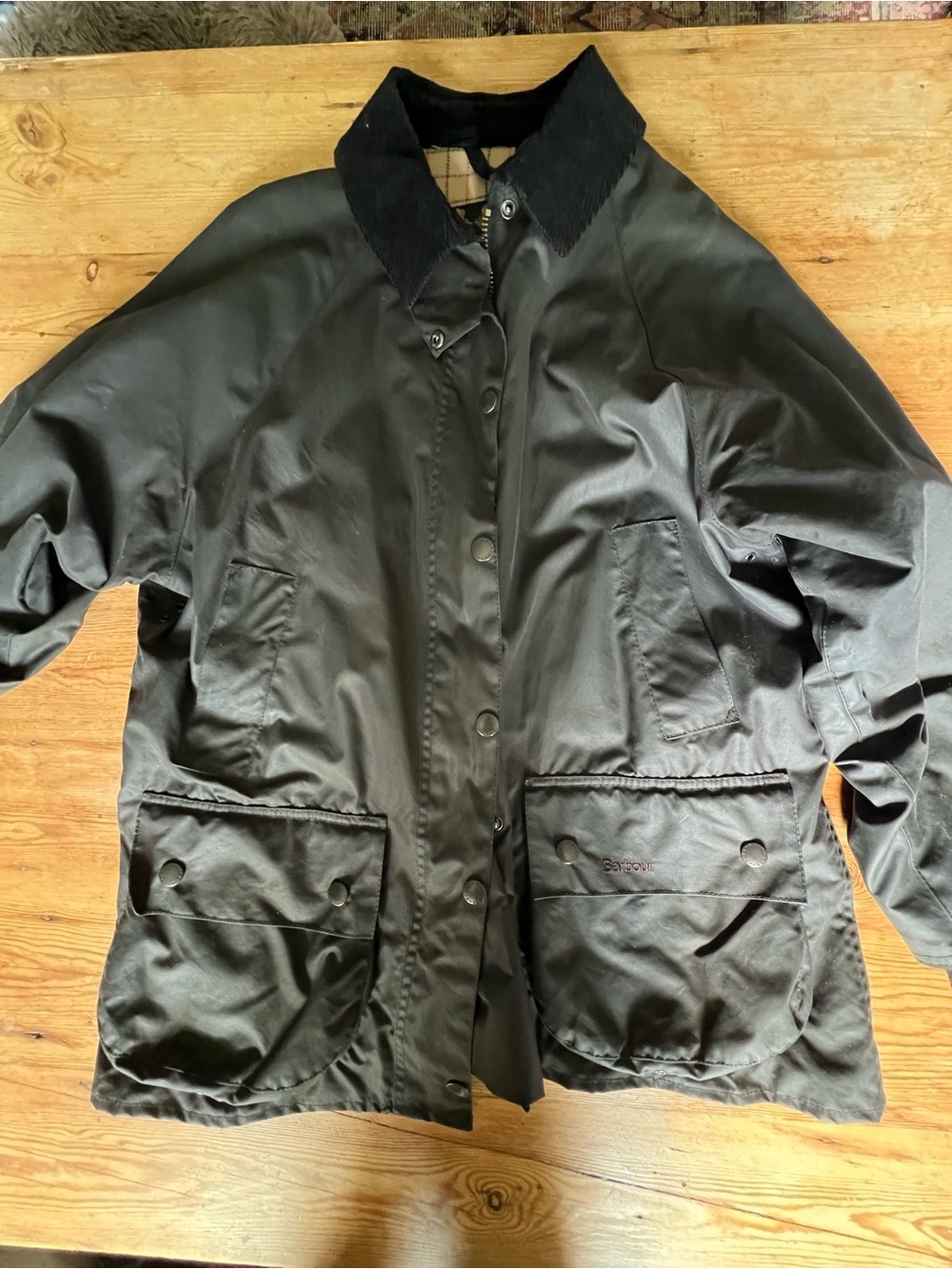 Barbour Black Waxed Cotton Field Jacket with Cord Collar/attachable hood.perfect